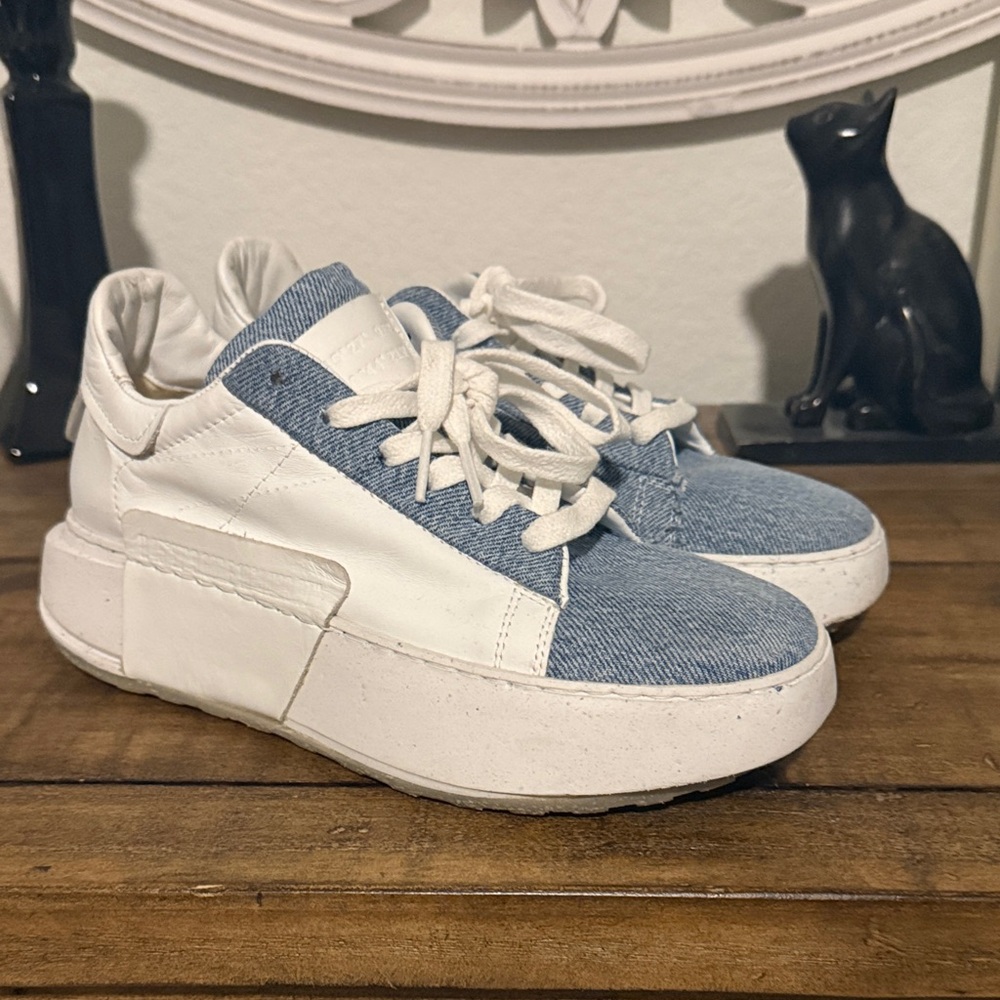A.S. 98 Leather and up-cycled  denim platform sneakers.